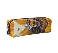 Bee on Sunflower Printed Leather Pencil Case Cute Stationery Organizer Simple Makeup Bag Pen Pouch, Gold Zipper