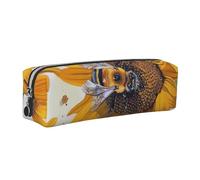 Bee on Sunflower Printed Leather Pencil Case Cute Stationery Organizer Simple Makeup Bag Pen Pouch, Silver Zipper