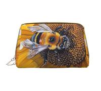Bee on Sunflower Printed Makeup Bag for Women Portable Leather Make up Bag Travel Zipper Cosmetic Bags Organizer