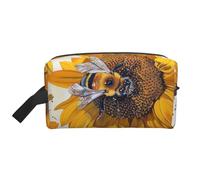 Bee on Sunflower Printed Makeup Bag Travel Portable Cosmetic Bag Large Capacity Makeup Case Toiletry Handbag Organiser for Women