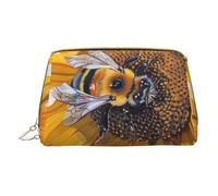 Bee on Sunflower Printed Small Makeup Bag Portable Leather Make up Bag Travel Zipper Cosmetic Bags Organizer for Women