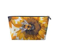 Bee on Sunflower Printed Travel Cosmetic Bags with Silver Zipper Makeup Organizer Cosmetic Case Toiletry Bag for Women Mom Girls