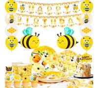 Bee Party Supplies, For 16 Bee Party Decorations and Tableware Set- Bee Birthday Banner Balloons & Bee Party Plates Napkins Table Cloth etc Honey Bee Happy Birthday Supplies for Bee Themed Party Decor