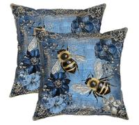 Bee Pillow Covers Set of 2, Blue Floral Bee Print Throw Pillows Case, Seasonal Decorative Square Farmhouse Decor Cushion Covers for Home Sofa Bed Couch 16x16 Inch