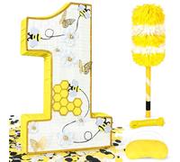 Bee Pinata - Yellow Number 1 Shape, 27 x 16 x 3 In - Honeycomb & Dasiy Accents for First Bee Day Party, Includes 24" Bat Stick, Eye Mask, Rope