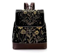 Bee Plants Flowers Phases of the Moon Stars Pattern PU Leather Backpack Purse for Women, Fashion Ladies Travel Shoulder Bag Rucksack
