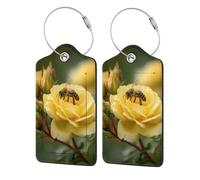 (Bee Pollinating Yellow Rose) 2 Pack Luggage Tags for Suitcases Leather Bag Tags Privacy Cover Id Card Label with Steel Loop for Travel Bag