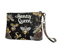 Bee Queen Leather Clutch Bag for Women, Honeycomb Wristlet Purse with Detachable Strap Evening Handbag, Ladies Long Wallet for Wedding Party Travel Business