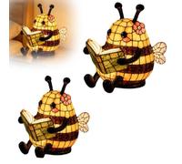 Bee Reading Light, Cute Book Light for Reading at Night, Warm Bee Statue Night Light, Resin 3D Animal Table Lamp, Indoor Reading Books Bees Nightlight for Book Lover Bedroom Home Office (Yellow-2pcs)