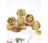 Bee Resin Wood Coaster Set of 6 Honeycomb Wooden Epoxy Resin Drink Coasters for Cold Drinks Wine Glasses Beverage Mugs Bee Themed Cup Mats for Kitchen Dining Coffe Table Gift for Her/Him
