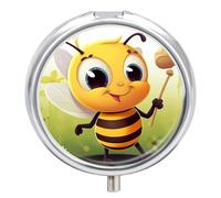 Bee Round Pill Box 3 Compartment Medicine Pill Organizer with Mirror Travel Small Pill Case Cute Vitamin Organizer Portable Daily Pill Container for Pocket Purse