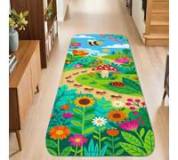 Bee Runner Rug, Spring Playful Mushroom Ladybug Spring Green Non-Slip Soft Rectangle Carpet Stain Resistant for Kitchen Entryway Bedside Laundry Decor 2x8 Ft