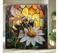 Bee Shower Curtain, Colorful Stained Glass Insect Bath Curtain for Bathroom Decor, Summer Spring Modern Art Bee and Flower Design, Waterproof Fabric Shower Curtain Set with Hooks 62x72 Inch