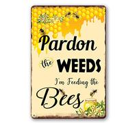 Bee Sign Pardon The Weeds I'm Feeding The Bees Signs Bee Signs Metal Save The Bees Tin Sign Pollinator Garden Sign Bee Classroom Decorations No Mow May Yard Sign Honey Bee Outdoor Decor Gifts 12x8Inch