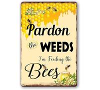 Bee Sign Pardon The Weeds I'm Feeding The Bees Signs, Metal Save The Bees Tin Sign, Pollinator Garden Sign, Bee Classroom Decorations, No Mow May Yard Honey Bee Outdoor Decor Gifts 14x20 CM