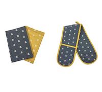 BEE Silhouettes Grey Yellow White Cotton Double Oven Gloves & Pack of 2 Kitchen Tea Towels