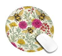 Bee Small Mouse Pad, Botanical Vintage Flower Leaf Spring Yellow Round Rubber Washable Mini Travel Desk Mousepad Desk Decor for Office Home Dorm Laptop Round 8x8 Inch
