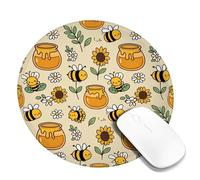 Bee Small Mouse Pad, Playful Fanciful Honey Jar Sunflower Summer Yellow Round Rubber Smooth Portable Travel Mousepad Desk Accessories for Gaming Computer Laptop Round 8x8 Inch