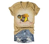 Bee Strong T-Shirt Funny Honey Bee V Neck Cotton Shirt for Women, khaki, L
