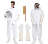 Bee Suit Sting Proof, Polycotton Beekeeping Suit Beekeeper Costume&with Glove, Brush &Ventilated Hood, Bee Outfit for Backyard and Beekeeping Supplies (XL)