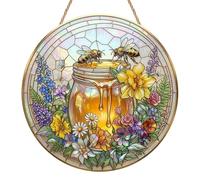 Bee Sun Catchers for Windows, Stained Glass Suncatchers with Flowers, Acrylic Window Hanging Decor for Home, Patio, Balcony, Garden, Bumble Bee Gifts for Women Girls