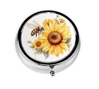 Bee Sunflower Small Pill Box 3 Compartment Portable Pill Box for Purse Pocket Yellow Flower Mini Medicine Organiser for Daily Vitamin Fish Oil Storage