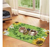 bee & Sunflowers Patterned Pet Feeding Mat with Water-Absorbing PU Top & Rubber Base - Anti-Slip Dog Cat Food Mat for Cats, Dogs & Pets, 30x45cm