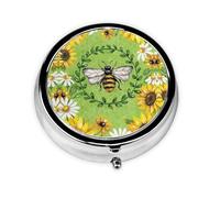 Bee & Sunflowers Print Personalised Portable Pillbox with,Mini Pillbox Compact and Convenient Pill Organiser for Storing and Organising Pills