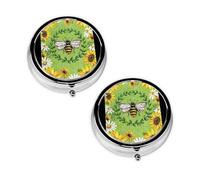 Bee & Sunflowers Print Pill Box 3 Compartment Medicine Pill Case,Portable for Pocket Or Purse Pill Organizer Decorative Metal Medicine Vitamin Organizer Unique Gift