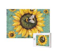 bee & Sunflowers Printed 300 Pieces Jigsaw Puzzle with Storage Box, Wooden Puzzle for Adults and Kids, Family Fun Decorative Game, 40x28 CM