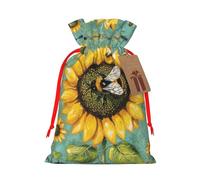Bee & Sunflowers Printed Christmas Drawstring Gift Bags-Xmas Wrapping Bags,Candy Bag,For Holiday Party Decorations,Wedding Party Supplies M Red Ribbon