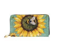 Bee & Sunflowers Printed Leather Wallet for Men Women, Long Clutch Handbag with 12 Card Holder and 3 Money Clip