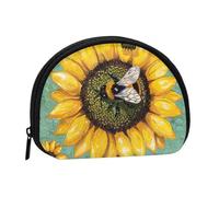 bee & Sunflowers Printed Mini Coin Pouch, Shell Shape Zip Around Wallet, Small Zipper Pouch for Cash, Cards, Keys, Lipstick, Storage Pouch, Travel Organizer