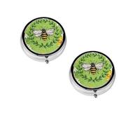 (bee & Sunflowers) Round Pill Box with 3 Compartment Small Pill Organizer Portable Pill Case Vitamin Containers, Travel Essentials 4.6x4.6x1.8 cm