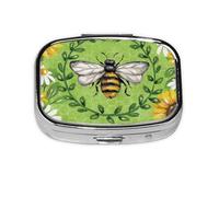 (bee & Sunflowers) Square Pill Box with 2 Compartment Small Pill Organizer Portable Pill Case Vitamin Containers, Travel Essentials 5.5x4x1.8 cm