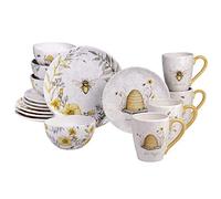 Bee Sweet 16-Piece Ceramic Dinnerware Set - Service for 4, Farmhouse Bee and Floral Design, Includes 4 Dinner Plates, 4 Salad Plates, 4 Bowls, 4 Large Mugs - Microwave & Dishwasher Safe