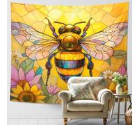 Bee Tapestry, Yellow Floral Bohemian Wall Hanging, Spring Aesthetic Decor for Bedroom, Living Room, Patio, Nature Inspired Tapestries 60x50 Inch