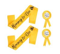 Bee Theme Ribbon Sash Breastpin Set, 2 Sets 4pcs for Baby Shower | Satin Cloth Badge and Ribbon, Yellow Letter Print, for Expectant Moms and Dads at Gender Reveal Parties