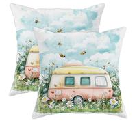Bee Themed Pillow Covers Set of 2, Pastel Yellow Vintage Caravan Throw Pillows Case, Spring Decorative Square Rustic Decor Cushion Covers for Home Sofa Bed Couch 16x16 Inch
