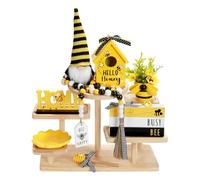 Bee Tiered Tray Decor Set, Farmhouse Honey Bee Tabletop Decorations, Hello Honey Gnome Sign with Wooden HOME Letter & Busy Bee Block, Spring Summer Kitchen Shelf Mantel Decor