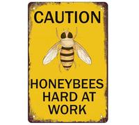 Bee Warning Sign,Caution Honeybees Hard At Work Metal Signs, Funny Bee Wall Decor No Trespassing Tin Poster for Home Garden Yard Farmhouse Wall Decor 30x40cm