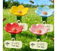 Bee Watering Station for Garden, 4PCS Cups for Bees, Decorative Bee Drinking Feeder with Stake, Flower-Shaped Resin Pollinators Feeder, Outdoor Water Cups for Bees Butterflies Yard Lawn Patio