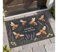Bee Welcome Door Mat, Botanical Fanciful Lavender Flower Summer Black Non-Slip Dirt Trapper Entry Mat Outdoor Decor for Front Door Entryway Patio 29x17 Inch