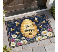 Bee Welcome Door Mat, Nature Fanciful Honeycomb Chrysanthemum Spring Yellow Washable Low Profile Decorative Doormat Home Decor for Entryway Outdoor Porch Balcony 29x17 Inch