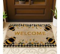 Bee Welcome Doormat, Yellow Honeycomb Door Mat for Spring & Summer Entrance Farmhouse Decor, Rubber Waterproof Non-Slip Dust Catching Front Mats, Easy Care 29x17 Inch