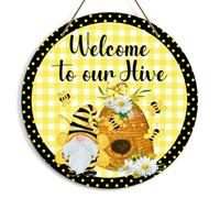 Bee Welcome Sign for Front Door, Welcome to Our Hive Door Sign Decoration, Bee Gnome Round Decorative Wall Sign, Summer Wooden Hanging Sign for Farmhouse Home Porch Living Room Kitchen -21