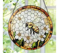Bee Wildflowers Stained Glass Suncatcher, Stained Glass Window Hanging, 8 Inch Honey Bee Suncatcher, Honeybee Gifts for Garden Lovers, Gifts for Mother's Day, Teacher Gift, Grandma Gift