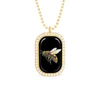Bee with Forests Pattern Rectangle Pendant Necklace Alloy White Shiny Diamond Square Gold Silver Jewelry for Women Men