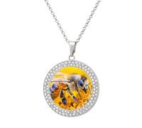 Bee Working on Flower Multicolored Diamond Necklaces Jewelry Brilliant Circle Pendant Necklace Gift for Women