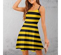Bee Yellow Black Stripes Summer Mini Dress Sleeveless Sling Beach Swing Sundress for Women